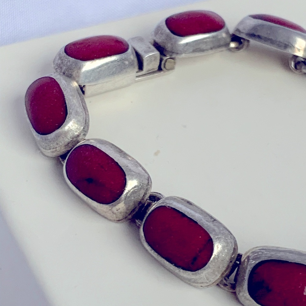 Red Coral and Mexican Silver Bracelet